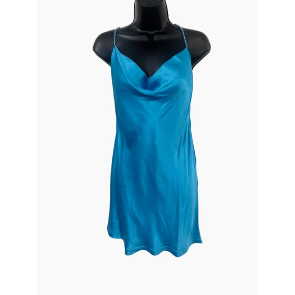 Meshki Dress Satin Cyan Blue “Sofie” Mini Rhinestone Strap Size Large NWT - Picture 7 of 11
